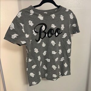 Gray Short Sleeve Tee with Ghost Print and Boo Text